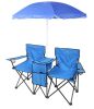 Double Folding Picnic Chairs w/Umbrella Mini Table Beverage Holder Carrying Bag for Beach Patio Pool Park Outdoor Portable Camping Chair (Blue)